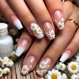 Daisy Press on Nails Medium Ballet Shaped White Flower Daisy Pattern Design Spring Acrylic False Nail Full Cover Glossy White Gradient Artificial Fingernails Reusable Glue on Nails for Women