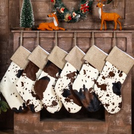 Glimin 2 Pcs Western Christmas Cow Print Stockings Decor Bulk 20 Inch Large Plush Cowhide Christmas Stockings Ornaments Western Country Farmhouse Fireplace Xmas Tree Decoration