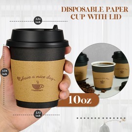 LITOPAK 100 Pack 10 oz Paper Coffee Cups for Hot Chocolate Drinks, Black Disposable Coffee Cups with Lids, Sleeves and Stirring Sticks for Parties, Picnic, Travel, and Events