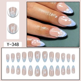 24Pcs Flower Press on Nails Medium Almond Fake Nails Blue French Tip False Nails with White Flower Design Spring Summer Artificial Nails Full Cover Glue on Nails Glossy Stick on Nails for Women DIY