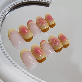 24Pcs Yellow French Tip Press on Nails Short Almond Fake Nails with 3D Flower Glue on Nails Gradient False Nails Summer Acrylic Nails Full Cover Floral Stick on Nails for Women Nail Art Designs