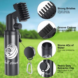 Pro Golf Club Cleaner - 4oz Water Bottle with Groove Cleaner and Retainer Clip, Durable Nylon Bristles for Easy Cleaning, Ergonomic Button Design, Golf Gifts for Men & Essential Accessories
