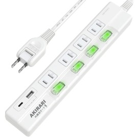 AKIRARI Power Strip with USB Extension Cord, 3.3 ft (1 m), Outlet Tap, 4 AC Outlets, 1 USB, 1 Type C Port, Quick Charging, 4 Ports, Lightning Guard, Dust Protection Shutter, Switch Power Strip, Table