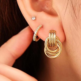 3 Pairs Gold Earrings Set for Women Teens Trendy Chunky Gold Silver Knot Dangle Earring Hoop Stud Huggie Earrings Jewelry (Gold)
