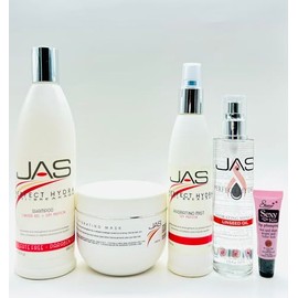 JAS Perfect Hydra Anti-breakage Shampoo & Conditioner 16 oz, Hydrating Mist 8 oz & Serum 5 fl oz with Linseed Oil + Soy Protein "Free Starry Sexy Kiss Lip Plumping 10 Ml“