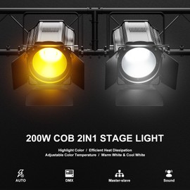 Stage Lights with Barn Doors, 200W COB LED Par Can Lights Spotlights, 2 in 1 Cool White & Warm White DMX512 Sound Activated Uplights for Events Parties Wedding Theater Church Concert Dance