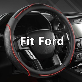 West Llama 3D Piping Leather Steering Wheel Cover for Ford F-150, F-250, F-350, Expedition (Black+Red Line-Large Size)