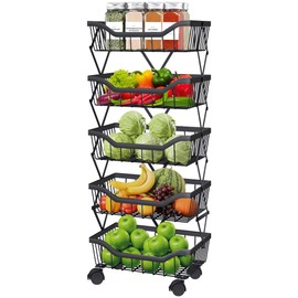 Newzealkids Fruit Vegetable Storage Basket 5 Tiers Stackable Metal Wire Fruit Basket Kitchen Cart with Wheels Vegetable Storage Holder for Onions Potatoes Bread Snack Veggie, Black