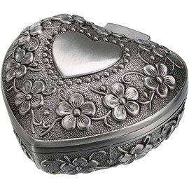 Vintage Heart Shape Jewelry Box - Small Antique Ring/Earrings/Necklace Storage Organizer Case, Metal Treasure Chest Trinket Keepsake Gift Box (Silvery, One Size)