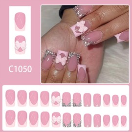 QEYRIYI Pink French Tip Press on Nails Short Square Fake Nail with Bow Charms Designs Rhinestones False Nails Acrylic Glue on Nail Gossy Full Cover Artificial Stick on Nail for Women 24 Pcs