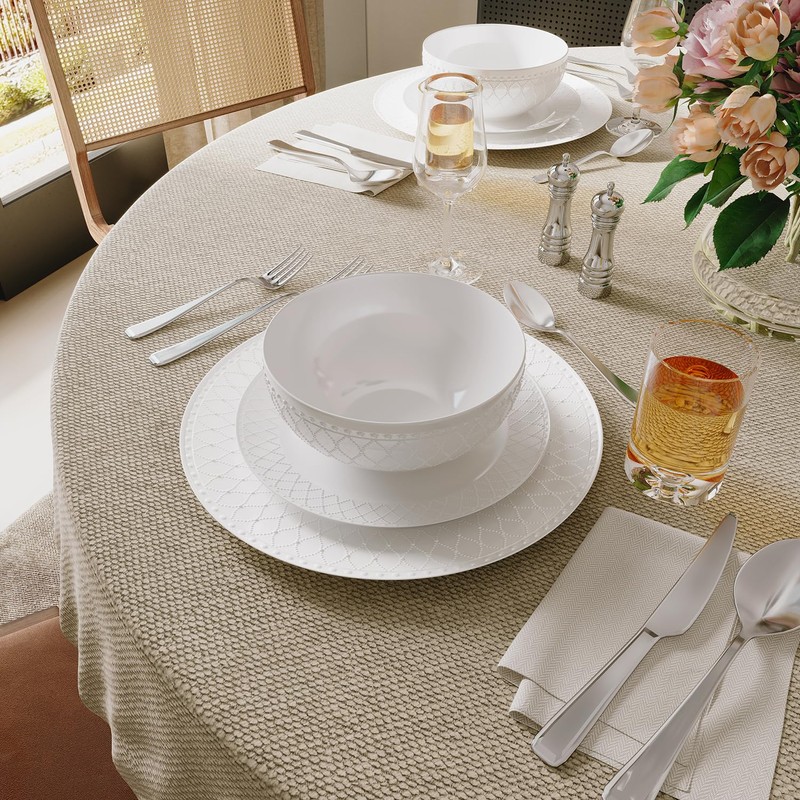 Yoshy 12-Piece White Embossed Mesh Bone China Dinnerware with Lightweight