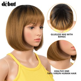DÉBUT Real Hair Wig with Fringe Short Bob Pixie 10A Brazilian Virgin Remy Hair 20 cm 103 g (20 cm, TT1B/30)