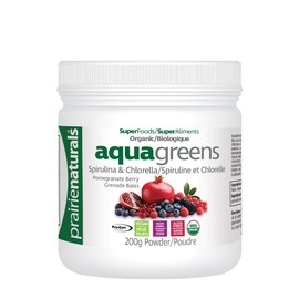 Prairie Naturals Prairie Naturals Organic Aqua Greens, Spirulina & Chlorella Blend, Green Energizer, Detoxification, Antioxidant, Third-party tested, Vegan, Gluten-Free, Non-GMO, Grown sustainably and organically outside, Pomegranate Berry Flavour 200g Powder