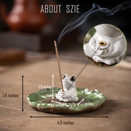 Frog Incense Holder with Lotus Leaf Tray, Ceramic Incense Holder for Sticks - Frog Figurine Incense Burner for Home and Feng Shui Decor, 4.5-in