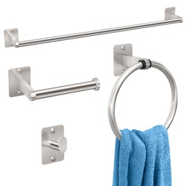 Toilet Roll Holder and Towel Rail Set, Gypie 4 Pieces Brushed Nickel Bathroom Accessories Set, Metal Bathroom Hardware Set Includes 24″ Towel Rail, Toilet Roll Holder, Towel Ring, and Wall Hook