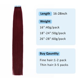 Ninaand Burgundy Tape in Hair Extensions Human Hair 20Pcs #99J Dark Red Remy Human Tape in Hair Extensions Remy Human Hair,Skin Weft Tape in Human Hair Extensions 26 inches 60g/pack 20pcs #Burgundy