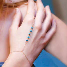 TseenYi Boho Beads Finger Ring Bracelet Turquoise Beads Hand Chains Hand Harness Chain Beach Wedding Jewellery for Women and Girls (Gold, 1 Piece, Metal