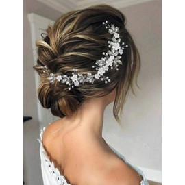 Gorais Diadema para novia con flores y cristales plateados, accesorios para el pelo de la hoja de perla, para mujeres y niñas