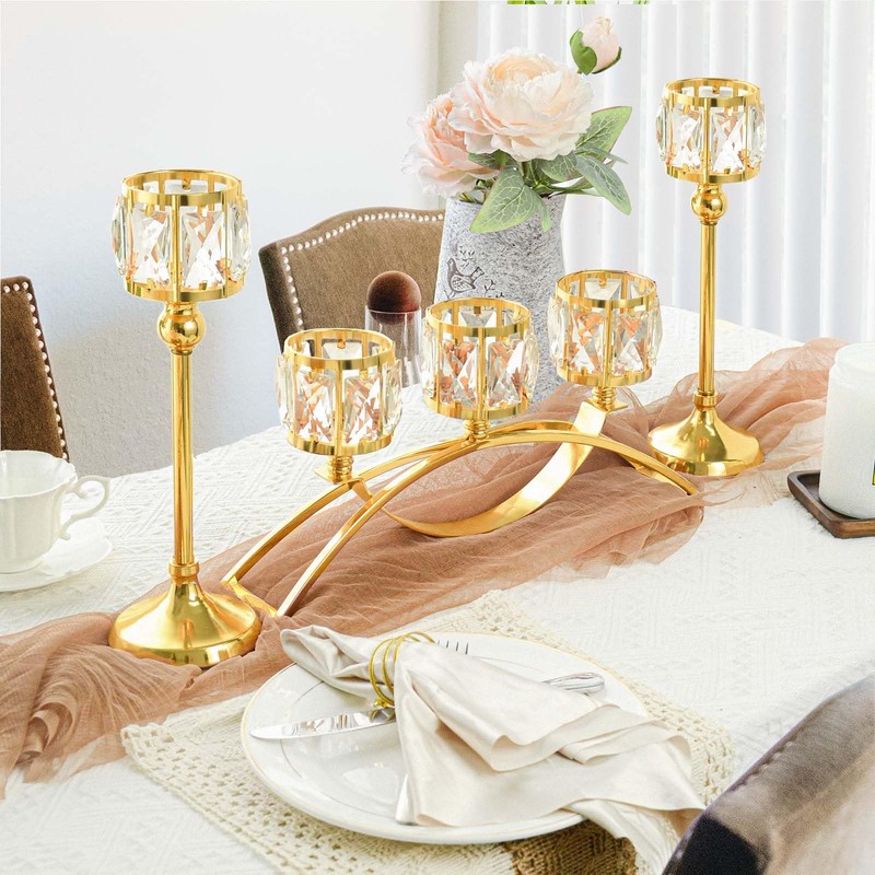 3 Arms Crystal Bowl Tealight Candelabra Votive Candle Stand, Wedding
