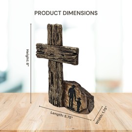 AMAJY Standing Cross Cowboy and Kid - Rustic Western Faith Décor in Resin - Symbol of Strength, Guidance & Family Bond - Resin Religious Figurine - Inspirational Religious Accent Piece