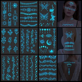 Konsait 9 Sheet Glow in the Dark Tattoos for Girls & Women - Charming Floral Vines Butterflies & Star Sun Temporary Tattoos, Blacklight Neon Tattoos for Festivals, Parties, Makeup & Nighttime Fun