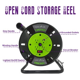 GREATIDE Heavy Duty Extension Cord Storage Reel with 4Grounded Outlets, 10A Circuit Breaker, Retractable Hand Wind, Portable Empty Hand Crank Open Cord Reel for 12/3 14/3 16/3 Gauge Power Cord, Green