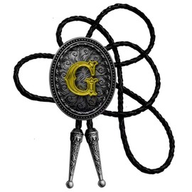 Moranse Bolo Tie Silver Initial Letter A to Z In Western Cowboy Oval Medal Style with Cowhide Rope Necktie(G)