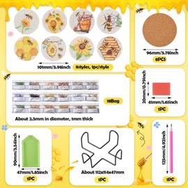 BB Beadthoven Beadthoven 8 Pieces Bee Motif Diamond Painting Coasters Bee Honey Pattern DIY Diamond Art Cup Mat Kits with Tools for DIY Cup Drinks Coasters Desktop Decorations