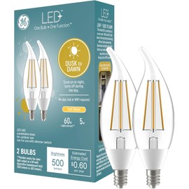 GE LED+ Dusk to Dawn LED Light Bulbs, Automatic On/Off Outdoor Security Lights, Soft White, E12 Candelabra Base (2 Pack)
