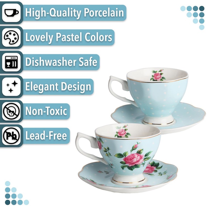 BTaT- Floral Tea Cups and Saucers, Set of 2, 8oz,