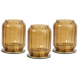 Vixdonos Glass Hurricane Tealight Candle Holder with Metal Candle Stand,Set of 3 Modern Windproof Votive Candle Holders for Wedding Party Table Centerpiece Outdoor,Amber