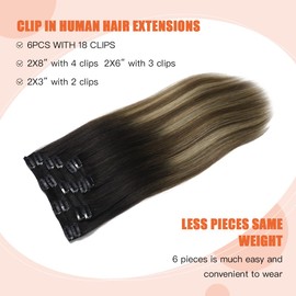 XDhair Clip in Hair Extensions Real Human Hair 18Inch 120g 6pcs Ombre Natural Black to Dark Brown Mix Blonde Balayage Clip in Hair Extensions for Fashion Women #1B/4/27 18inch