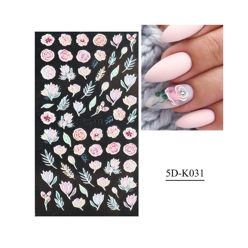 LANODO 3 Piece Nail Stickers, 5D Flowers, Grass Nail Sticker