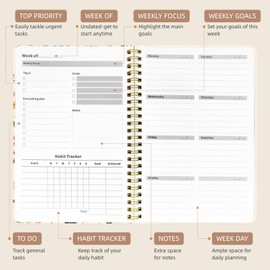 Stanoha Weekly Planner Undated - 52 Weeks To Do List Notebook A5 for Work: Weekly Task, Habit Tracker Journal, Goal Setting, Agenda Sprial Bound Organizer Book Women Cute Stylish Design, Floral