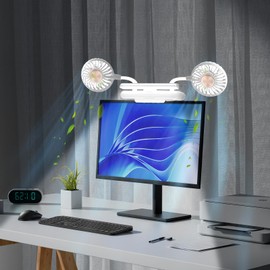 USB Screen Clip on Fan via Flip-Open LED Light Bar, Two-Head Personal Cooling Fan Computer Monitor Fan Laptop Fan Quiet USB Fan for Office, 3 Wind Speeds, for Flat, Curved Monitors (Glacier Silver)
