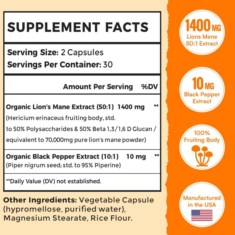 70000mg Lions Mane Supplement Capsules - 50x Strength Potency Lions