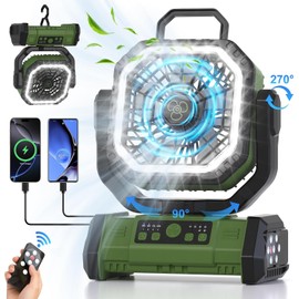 Honesorn 20000mAh Battery Powered Fan with LED Light & Remote, Green | Up to 60H Runtime, 45°/90°Oscillating, Hanging Hook, 4 Speeds, 8H Timer, USB-C