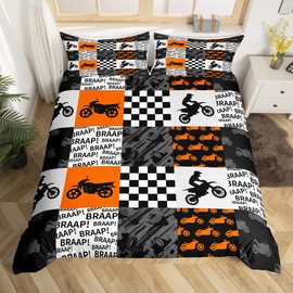 Dirt Bike Duvet Cover Twin Size Racing Motorcross Rider Bedding Set Black Grey Orange Plaid Patchwork Comforter Cover 2pcs Kids Boys Teens Men Room Decor Fashion Modern Quilt Cover,1 Pillowcase
