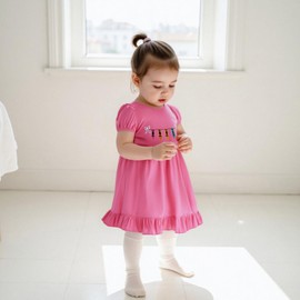 woshilaocai Toddler Baby Girl Back to School Dress Crayon Bow Embroidery Puff Sleeve Dresses Summer Clothes (Magenta,18 Months)