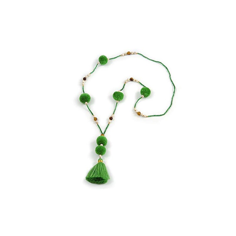 Avalaya Long Spring Green Glass Bead Pom Pom Tassel Necklace/