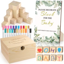 wookidel 72PCS Baby Shower Games Kit with Blank Wooden Blocks, Acrylic Paint Marker, Wooden Box and Sign, Blocks Suitable for Baby Shower, Gender Reveals Party, Birthday