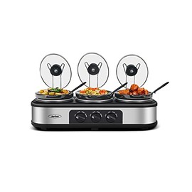 Triple Slow Cooker with Lid Rests, Breakfast Buffet Servers and Warmers with 3 X 1.5Qt, Tempered glass lids & 3 Adjustable Temp, Dishwasher Safe, Stainless Steel