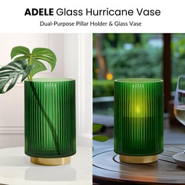Torre & Tagus Adele Emerald Green Glass Vase with Gold Metal Base - Premium Clear Glass Cylinder Vase for Decor & Ribbed Glass Vase for Flowers, Emerald Green and Gold Decor for Table Centerpiece