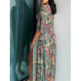 Floerns Women's One Piece Swimsuit Allover Print Monokini with Kimono Cover Up Green Large