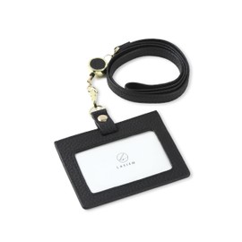 LASIEM Women's Card Holder, Pass Case, Reel Included, Name Holder, 2 Types of Straps, ID Card Holder, Genuine Leather, Neck Hanging, Employee ID Card Case, Slim (Black)
