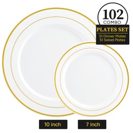 FOCUSLINE Gold Plastic Plates Set of 102, Disposable Heavy Duty 51 Dinner Plates and 51 Dessert Plates, Elegant Fancy Plastic Plate with Gold Rim for Wedding Party Plate