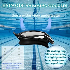 HSTWODE Optical Swimming Goggles, Swimming Goggles with Prescription, Dioptres: -1.5 to -8.0, Adult Anti-Fog UV Protection Swimming Goggles, with Interchangeable Nose Bridge (Black Transparent, -4.5)