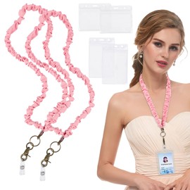VILPKWMP 2 Pcs Scrunchie Lanyard Teacher for ID Badges Keys with 4 Card Holders, Stretchy Scrunchie Lanyards for Women Nurses Office Staff, Cute Teacher Neck Lanyard for Work, School, and Daily Use