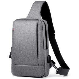 Hjkiopc Sling Bag for Men,Small Shoulder Bag,Messenger Bag with USB Charging Port,Lightweight Crossbody Bag for Travel Work Satchel (Light Grey)