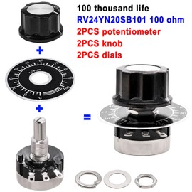 Taiss/2pcs RV24YN20S Potentiometer 100 ohm Single Turn Carbon Film Rotary Taper Potentiometer Used for Inverter speed regulation. Motor speed control + 2pcs A03 knob + 2pcs dials (B101 100 ohm)